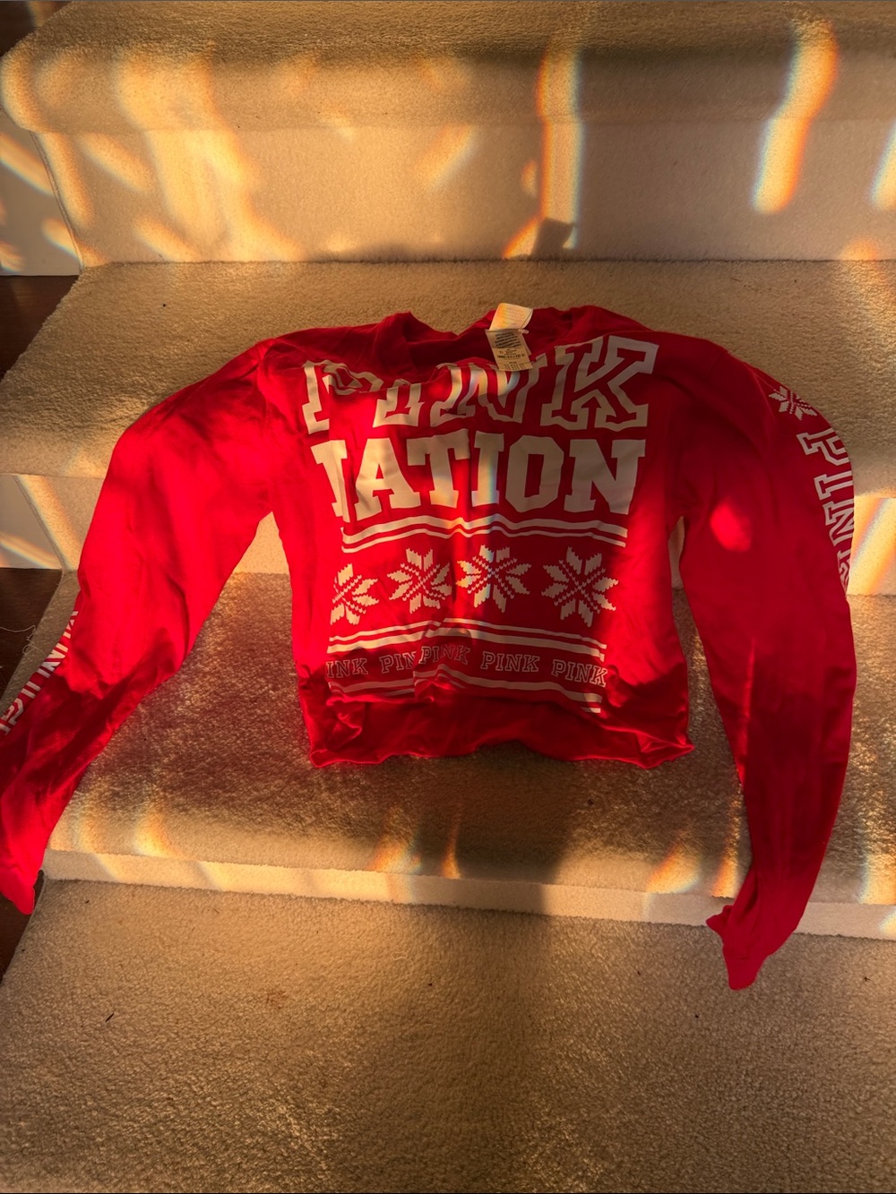 PINK Victoria's Secret Red 'PINK NATION' Cropped Crewneck Tee